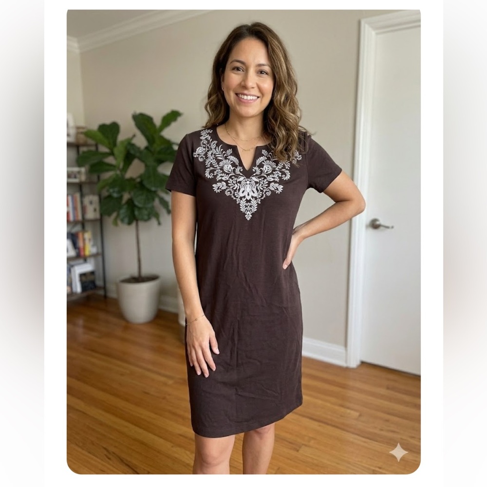 Karen Scott Chocolate Dress with White Embroidery